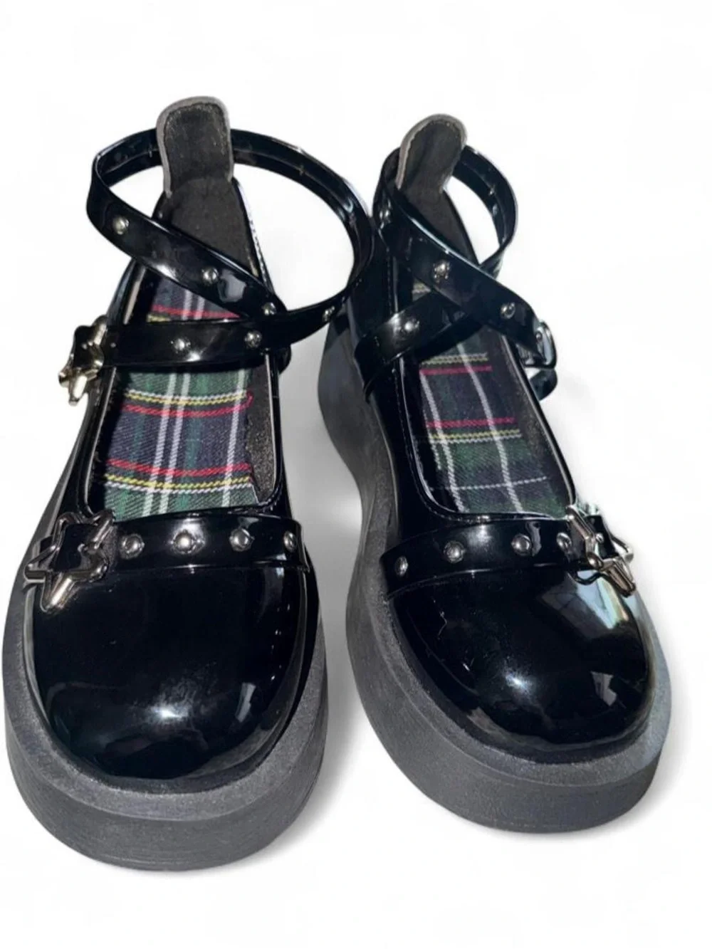 Women’s Black Patent Platform Mary Janes with Star Buckles
